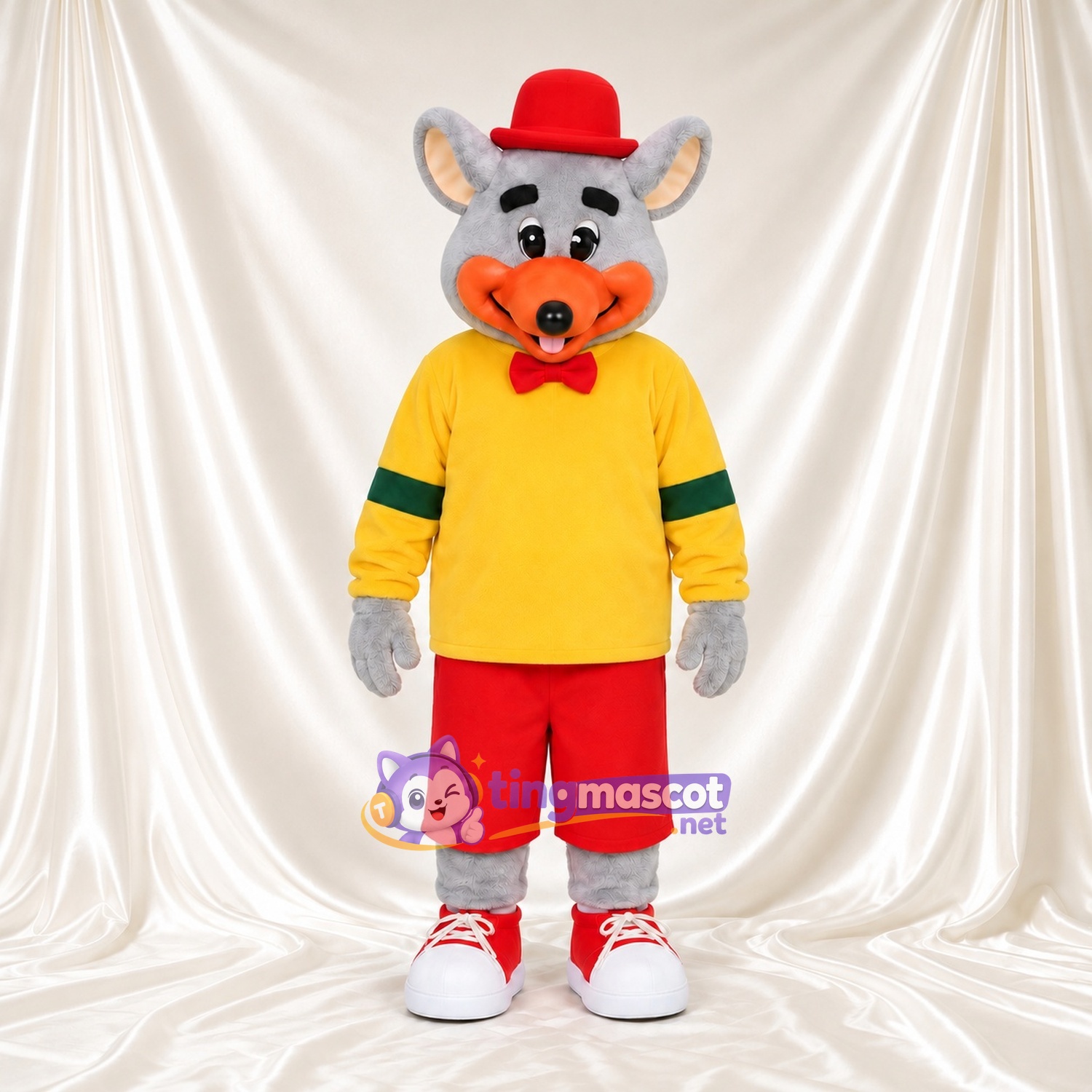 Costume de mascotte Souris – gris – Chapeau (rouge); Chemise (jaune) Costume de mascotte Souris – gris – Chapeau (rouge); Chemise (jaune)