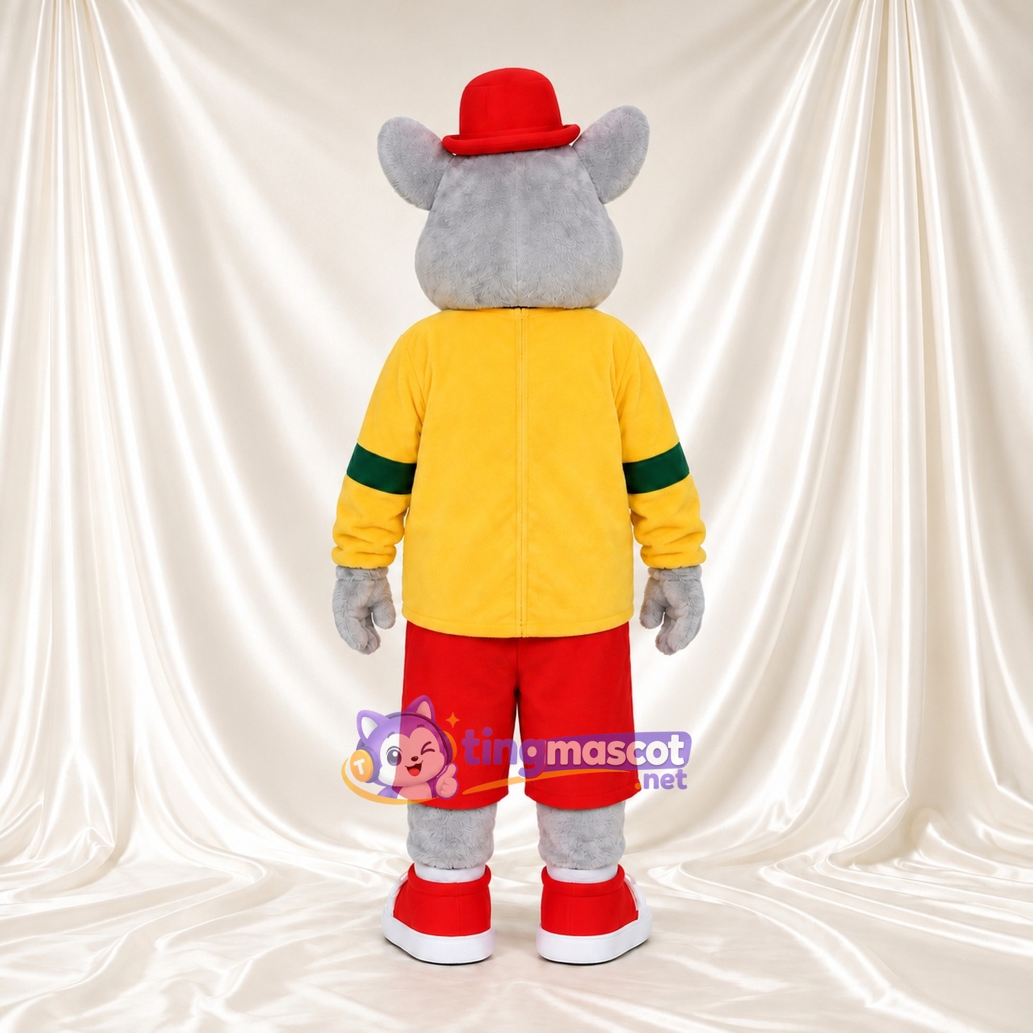 Costume de mascotte Souris – gris – Chapeau (rouge); Chemise (jaune) Costume de mascotte Souris – gris – Chapeau (rouge); Chemise (jaune)