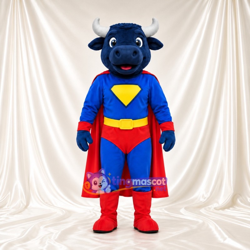 Costume de mascotte Taureau super-héros – bleu – Cape (rouge); Torse (jaune)