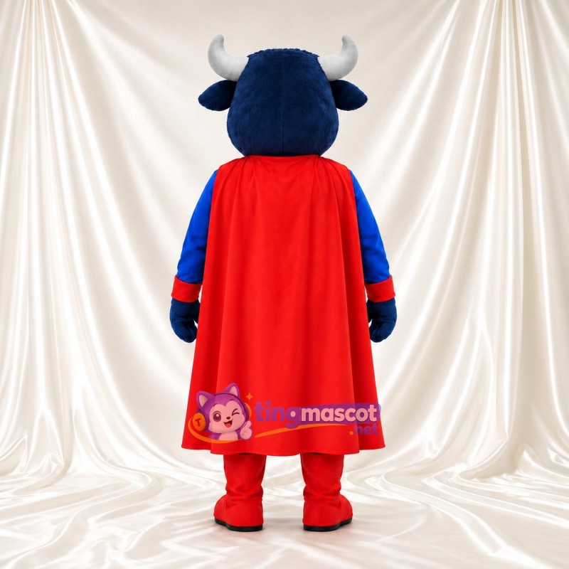 Costume de mascotte Taureau super-héros – bleu – Cape (rouge); Torse (jaune) Costume de mascotte Taureau super-héros – bleu – Cape (rouge); Torse (jaune)