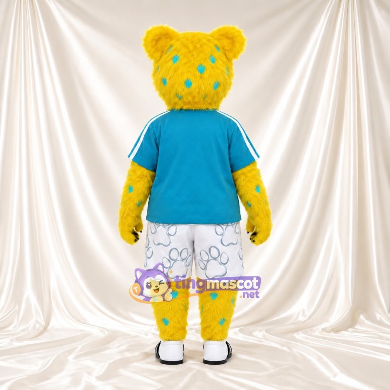 Costume de mascotte Léopard – jaune – Chemise (bleu canard); Short (blanc) Costume de mascotte Léopard – jaune – Chemise (bleu canard); Short (blanc)