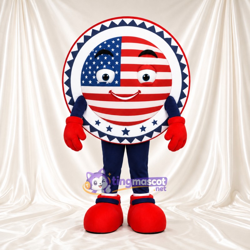 Costume de mascotte Badge rond au drapeau américain – selon la photo – Visage; Gants (rouge) Costume de mascotte Badge rond au drapeau américain – selon la photo – Visage; Gants (rouge)