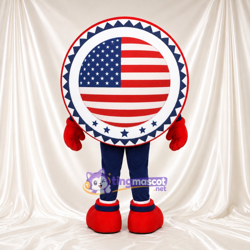 Costume de mascotte Badge rond au drapeau américain – selon la photo – Visage; Gants (rouge) Costume de mascotte Badge rond au drapeau américain – selon la photo – Visage; Gants (rouge)
