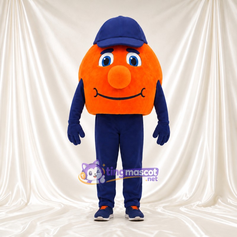 Costume de mascotte Personnage rond – orange – Casquette (bleu marine); Pantalon (bleu) Costume de mascotte Personnage rond – orange – Casquette (bleu marine); Pantalon (bleu)