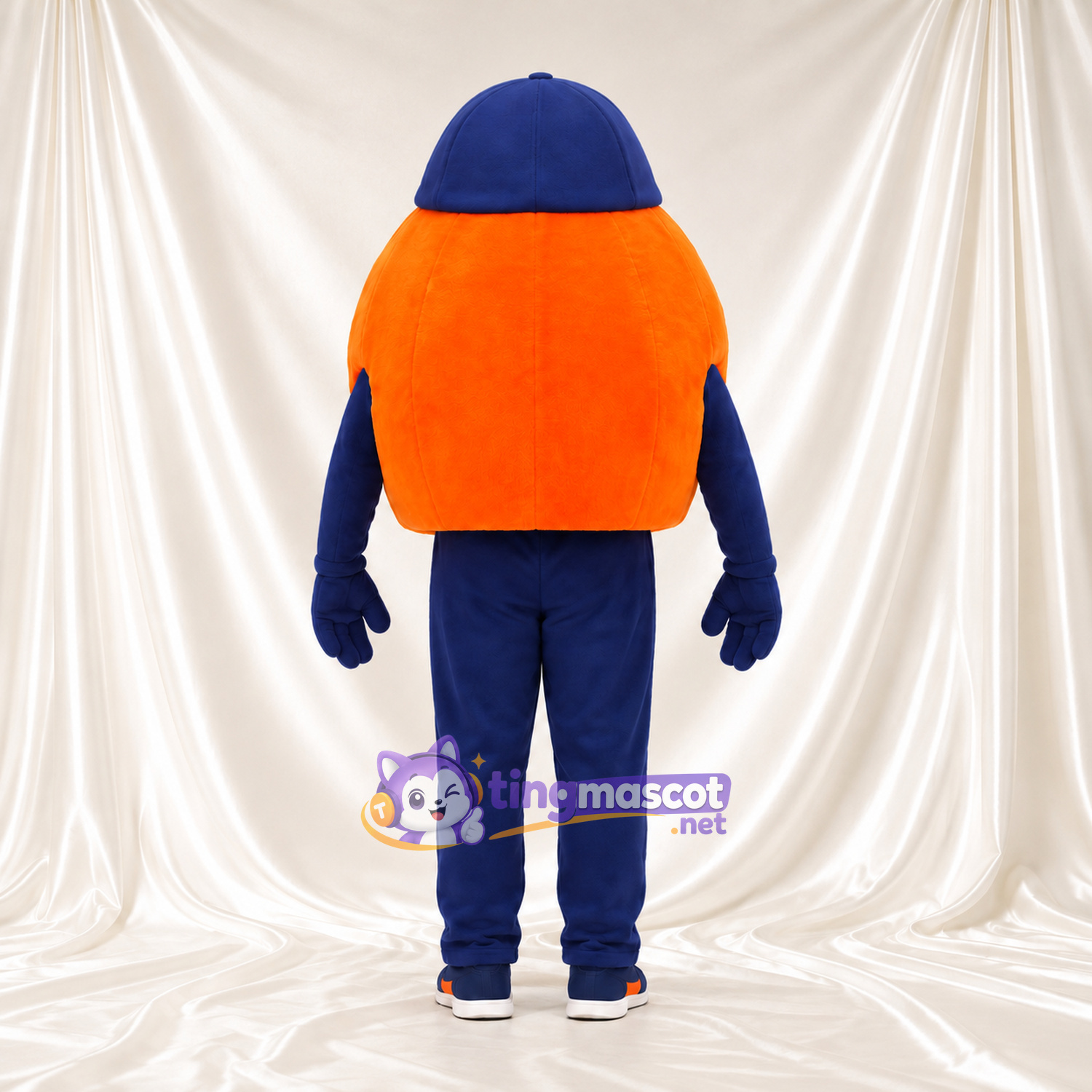 Costume de mascotte Personnage rond – orange – Casquette (bleu marine); Pantalon (bleu)