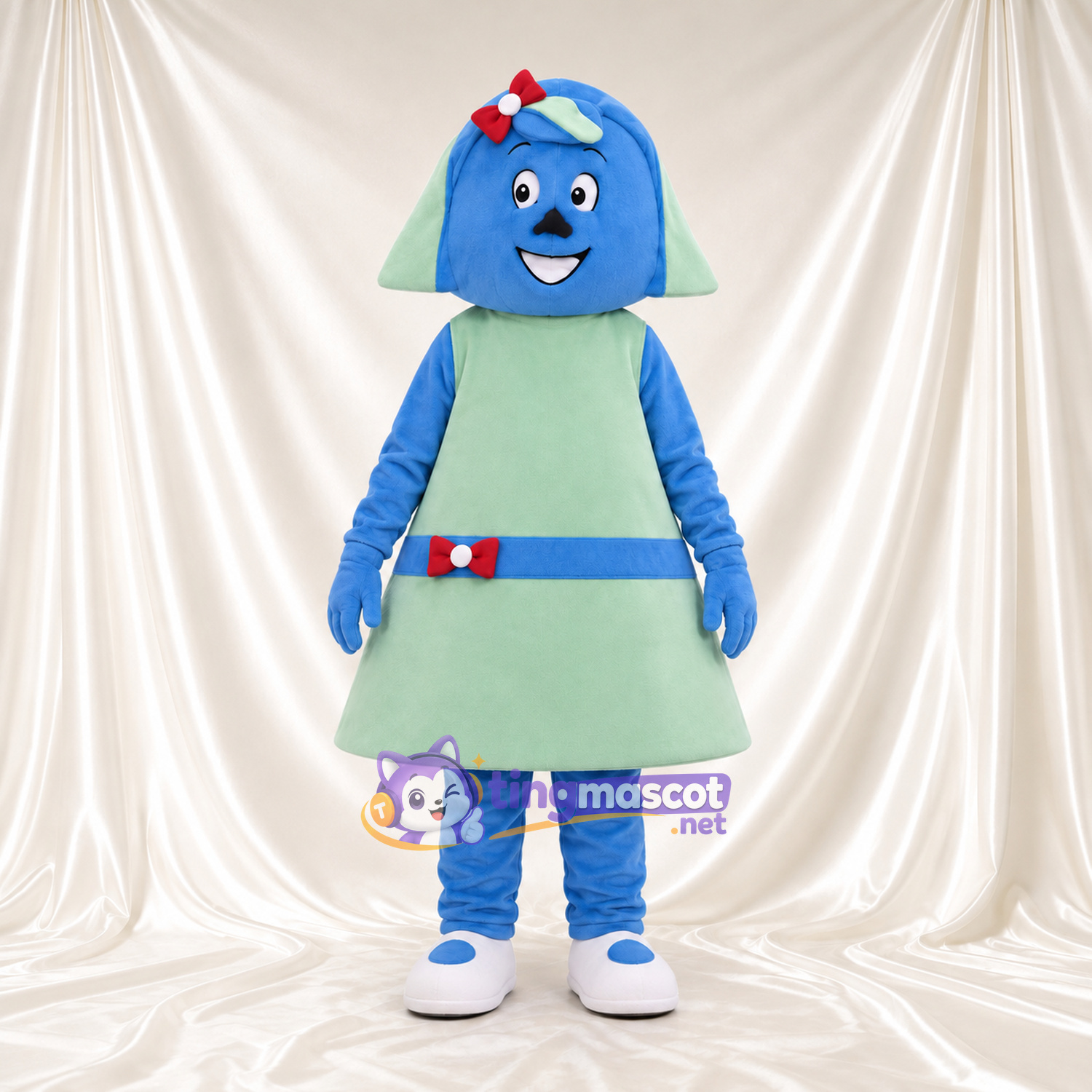 Blue Girl Character Mascot Costume - Mint Dress and Red Head Bow Blue Girl Character Mascot Costume - Mint Dress and Red Head Bow