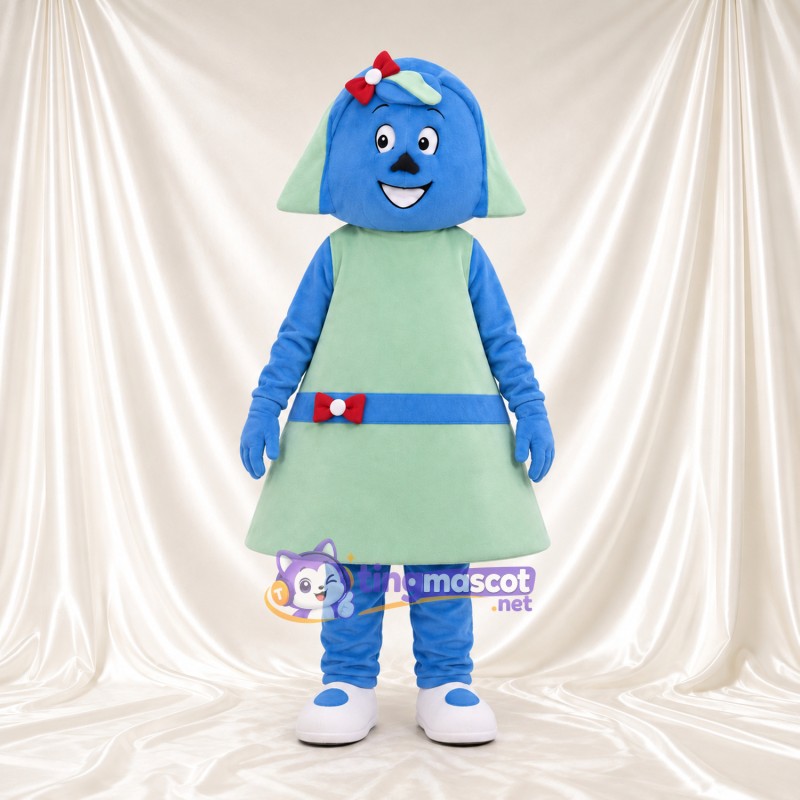 Blue Girl Character Mascot Costume - Mint Dress and Red Head Bow Blue Girl Character Mascot Costume - Mint Dress and Red Head Bow