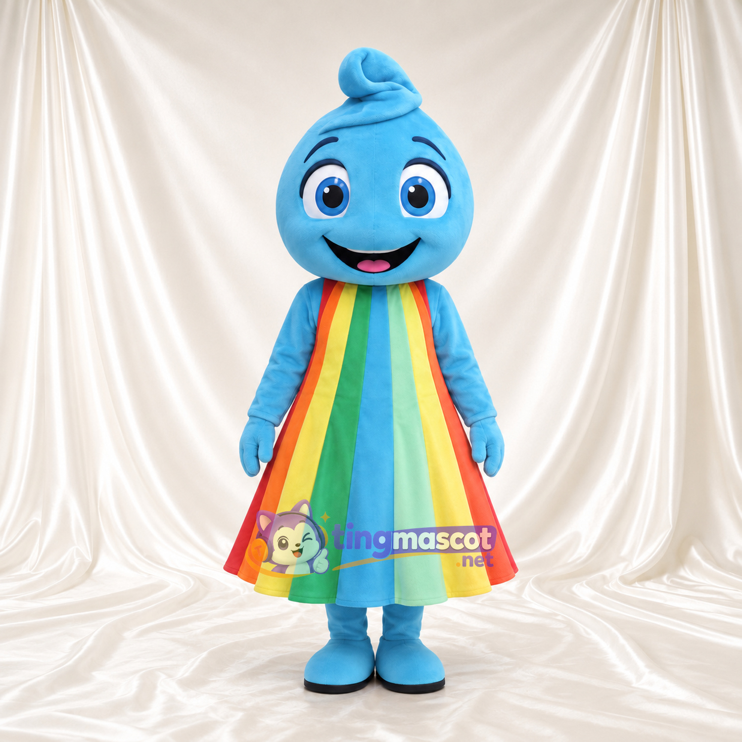 Blue Girl Character Mascot Costume - Rainbow Dress and Curled Forelock Blue Girl Character Mascot Costume - Rainbow Dress and Curled Forelock