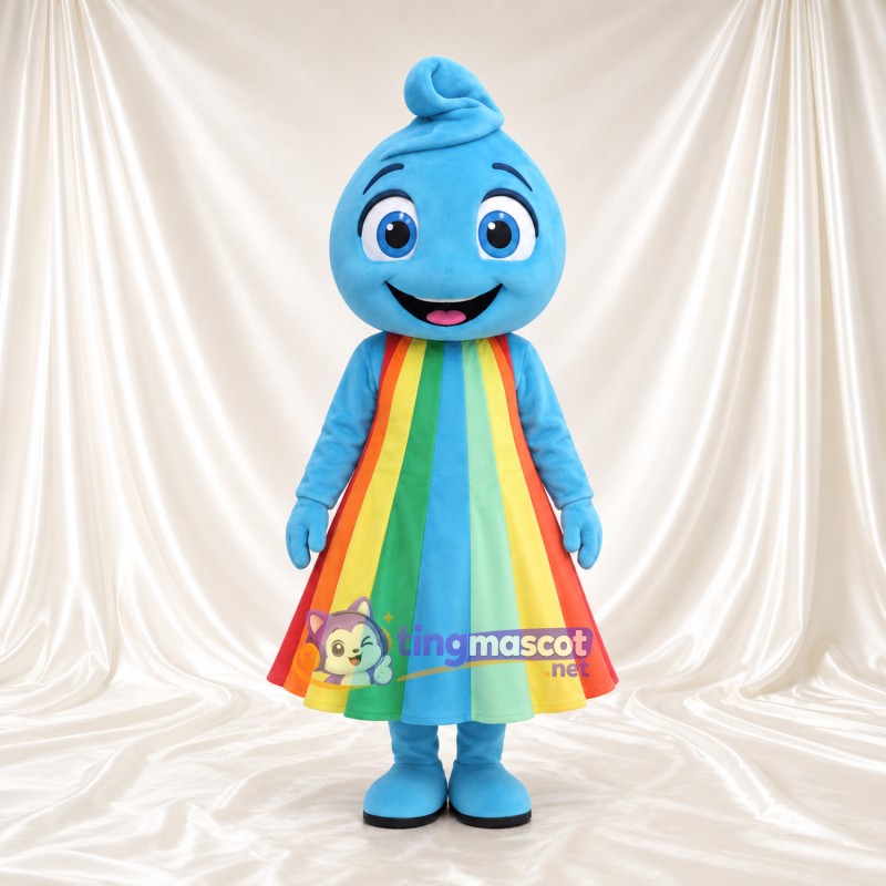 Blue Girl Character Mascot Costume - Rainbow Dress and Curled Forelock Blue Girl Character Mascot Costume - Rainbow Dress and Curled Forelock