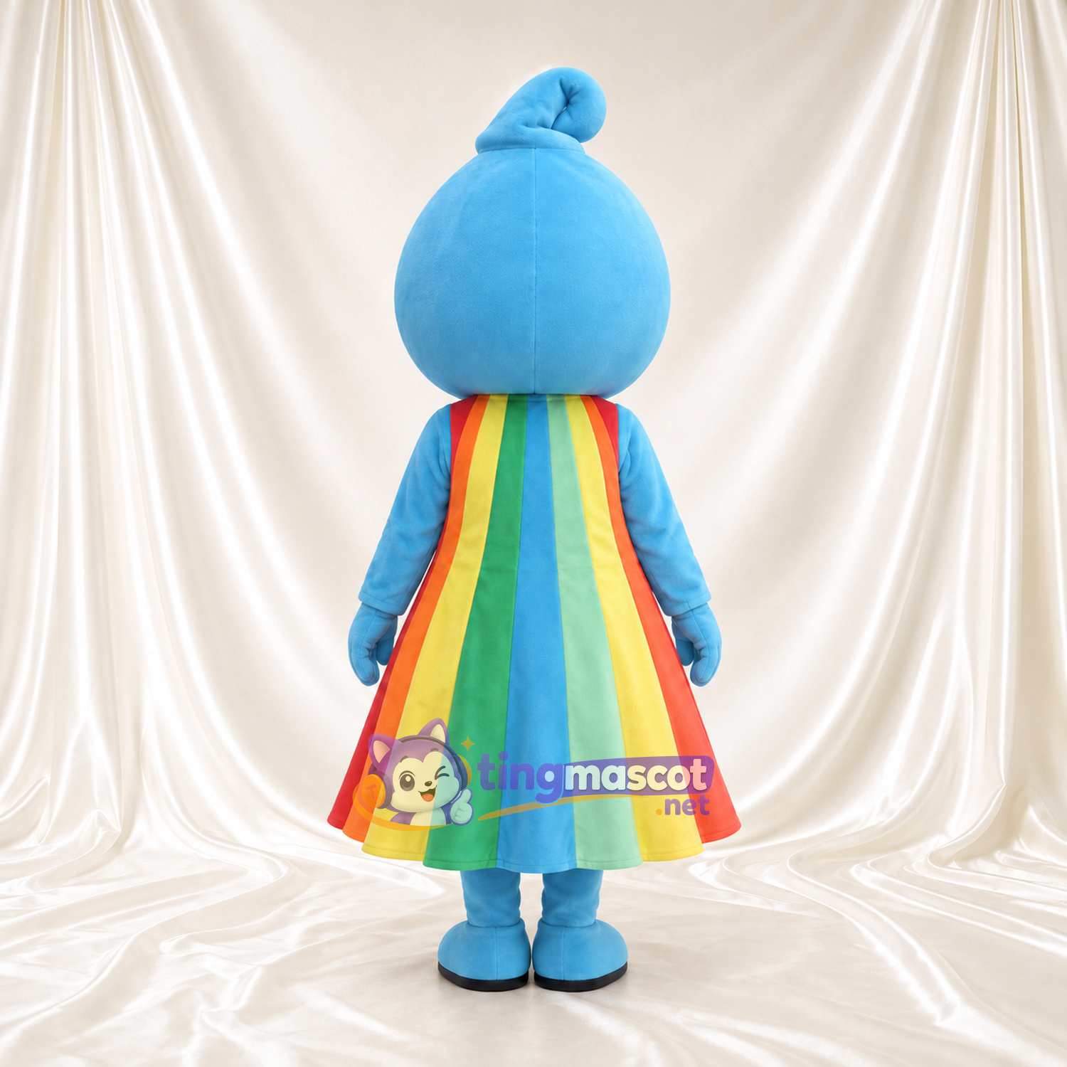 Blue Girl Character Mascot Costume - Rainbow Dress and Curled Forelock Blue Girl Character Mascot Costume - Rainbow Dress and Curled Forelock