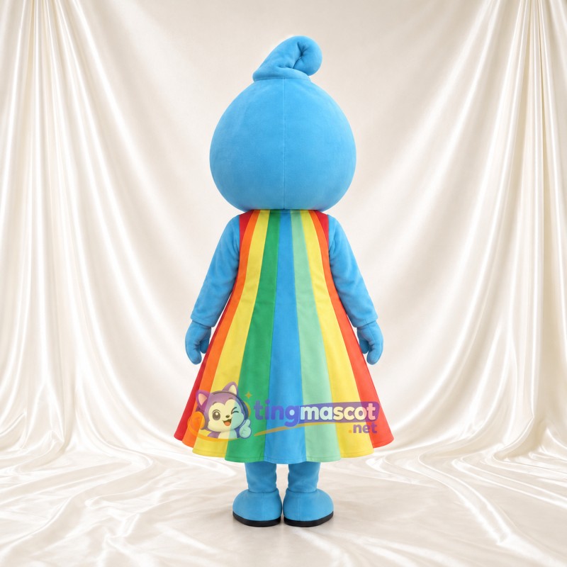 Blue Girl Character Mascot Costume - Rainbow Dress and Curled Forelock Blue Girl Character Mascot Costume - Rainbow Dress and Curled Forelock