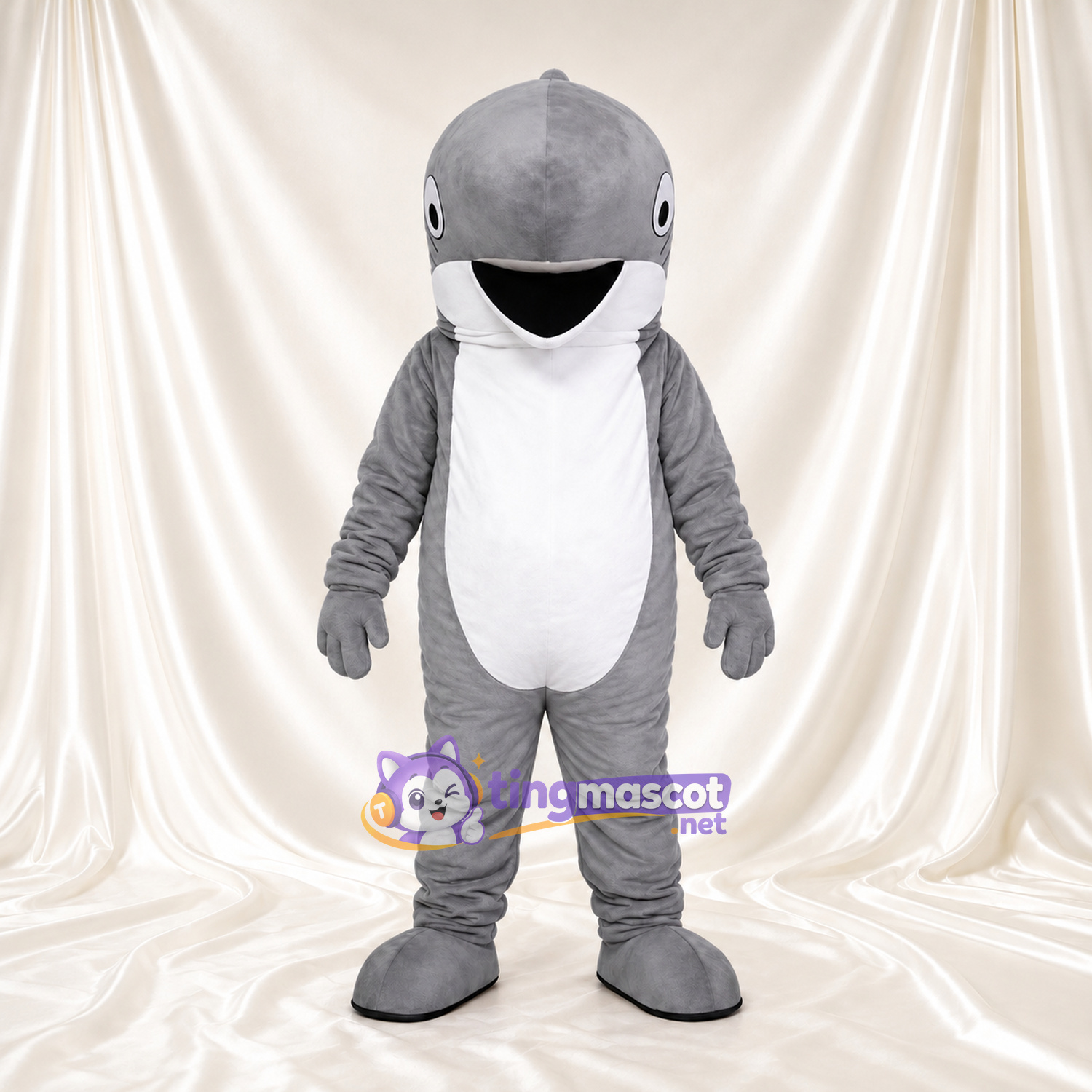Costume de mascotte Créature marine – gris – Ventre (blanc); Sourire (large) Costume de mascotte Créature marine – gris – Ventre (blanc); Sourire (large)