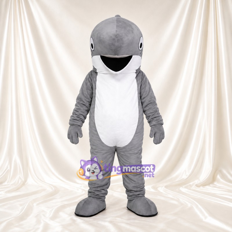Costume de mascotte Créature marine – gris – Ventre (blanc); Sourire (large) Costume de mascotte Créature marine – gris – Ventre (blanc); Sourire (large)