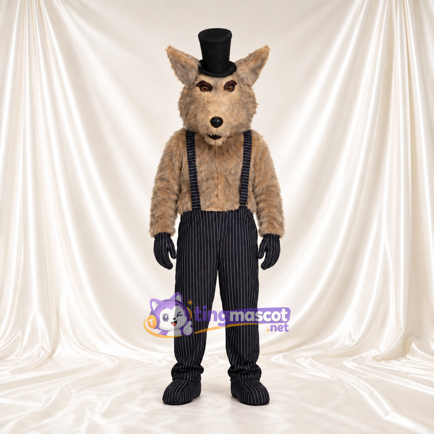 Costume de mascotte Loup – brun clair – Haut-de-forme (noir); Pantalon Costume de mascotte Loup – brun clair – Haut-de-forme (noir); Pantalon