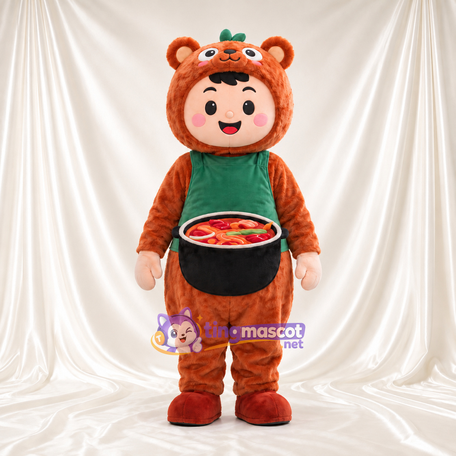 Bear-Hooded Character Mascot Costume - Green Apron and Cooking Pot Bear-Hooded Character Mascot Costume - Green Apron and Cooking Pot