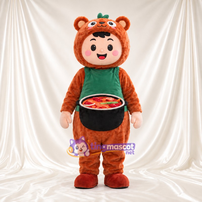 Bear-Hooded Character Mascot Costume - Green Apron and Cooking Pot Bear-Hooded Character Mascot Costume - Green Apron and Cooking Pot