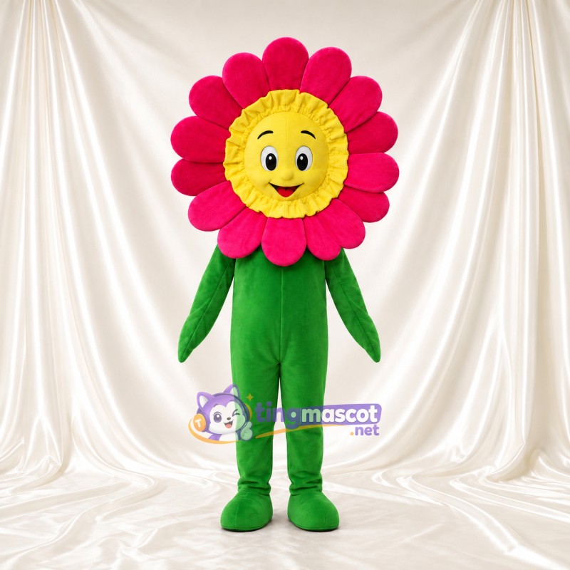 Costume de mascotte Fleur – rose – Visage souriant (jaune); Corps (vert) Costume de mascotte Fleur – rose – Visage souriant (jaune); Corps (vert)