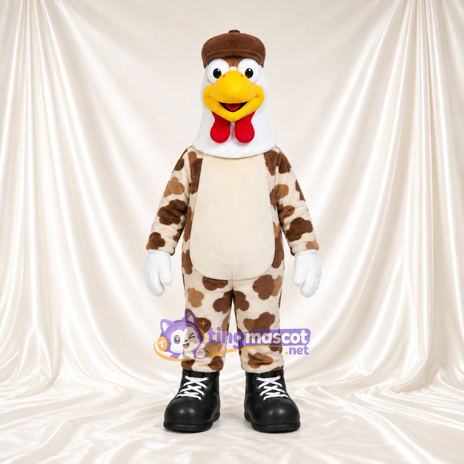 Chicken Character Mascot Costume - Brown Spotted Outfit and Cap Chicken Character Mascot Costume - Brown Spotted Outfit and Cap
