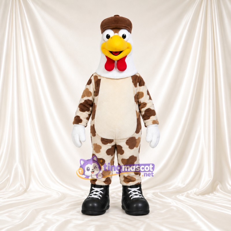 Chicken Character Mascot Costume - Brown Spotted Outfit and Cap Chicken Character Mascot Costume - Brown Spotted Outfit and Cap