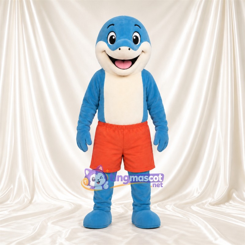 Maskottchenkostüm Delfin – blau – Bauch (creme); Shorts (orange) Maskottchenkostüm Delfin – blau – Bauch (creme); Shorts (orange)