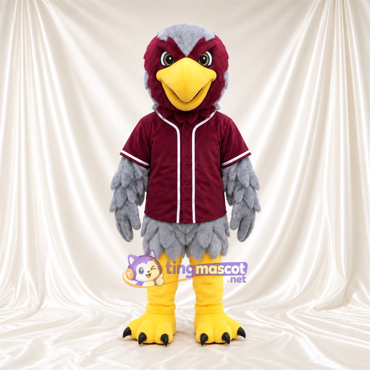 Costume de mascotte Aigle – gris – Chemise (bordeaux); Jambes (jaune) Costume de mascotte Aigle – gris – Chemise (bordeaux); Jambes (jaune)