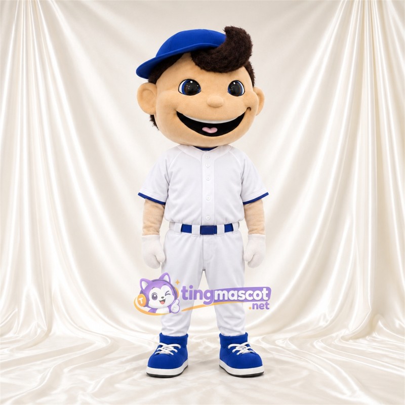 Baseball Boy Mascot Costume - White Uniform and Blue Cap Baseball Boy Mascot Costume - White Uniform and Blue Cap