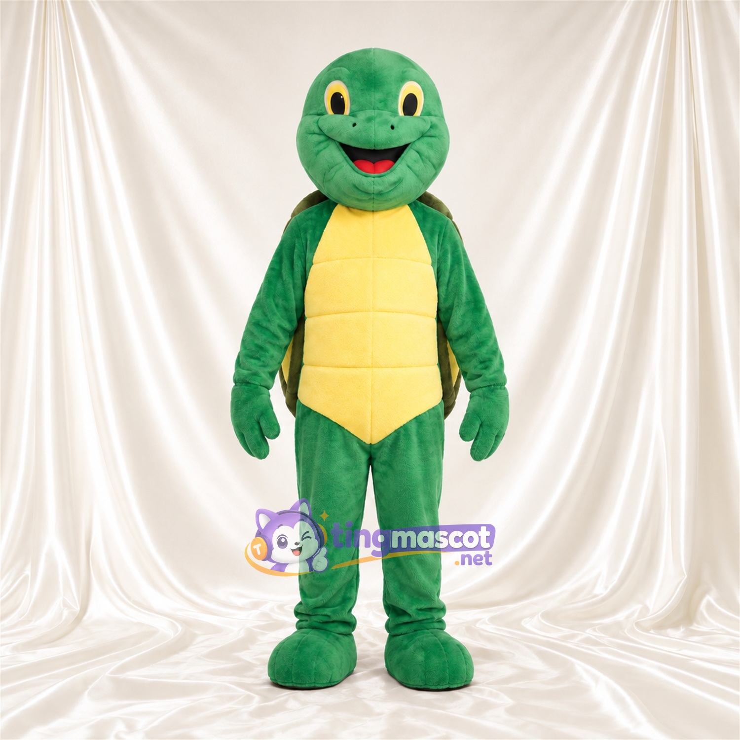 Green Turtle Mascot Costume - Yellow Segmented Belly and Smiling Face Green Turtle Mascot Costume - Yellow Segmented Belly and Smiling Face