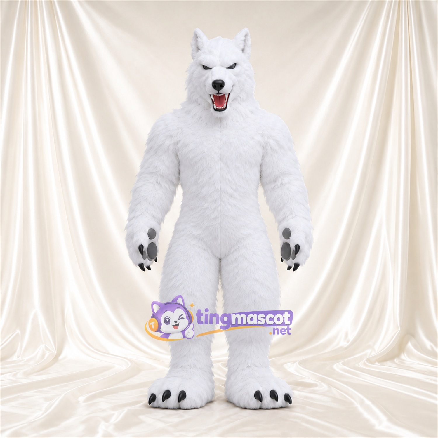 Costume de mascotte Loup – blanc – Corps musclé; Griffes (noir) Costume de mascotte Loup – blanc – Corps musclé; Griffes (noir)
