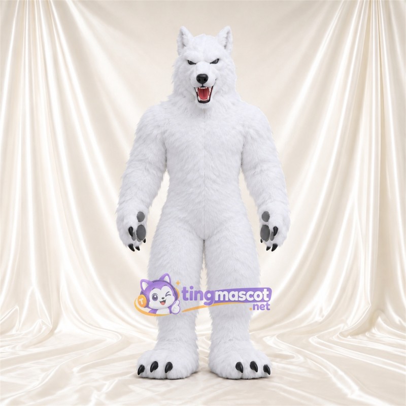 Costume de mascotte Loup – blanc – Corps musclé; Griffes (noir) Costume de mascotte Loup – blanc – Corps musclé; Griffes (noir)