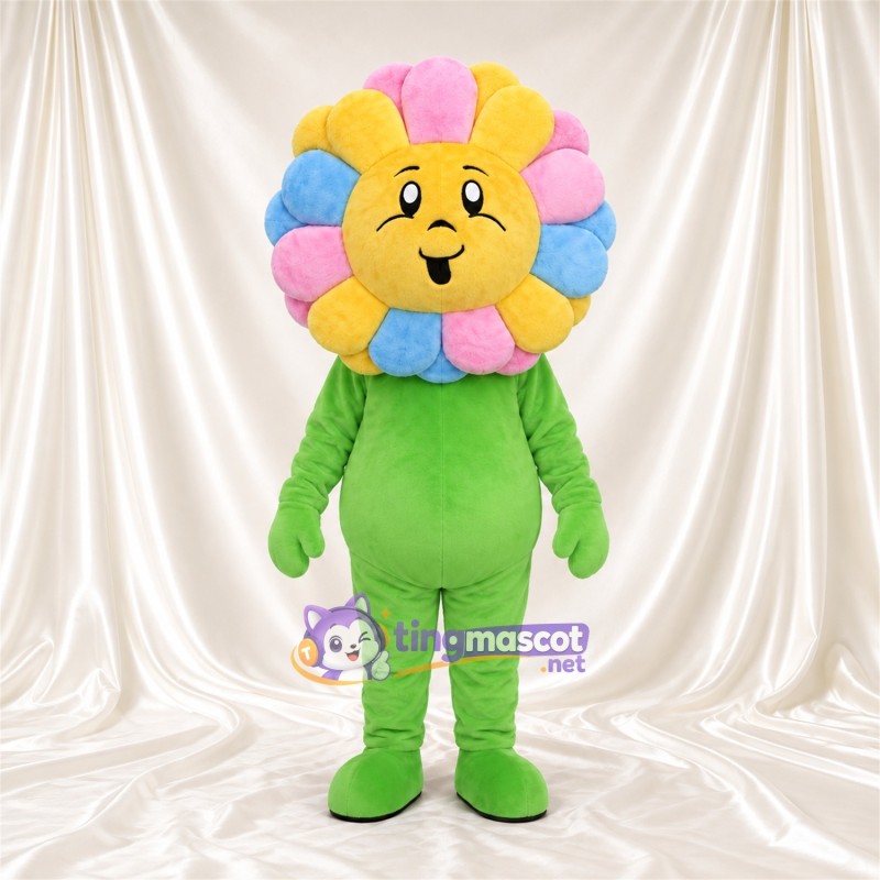 Maskottchenkostüm Blume – Regenbogenfarben – Gesicht (gelb); Körper (grün)