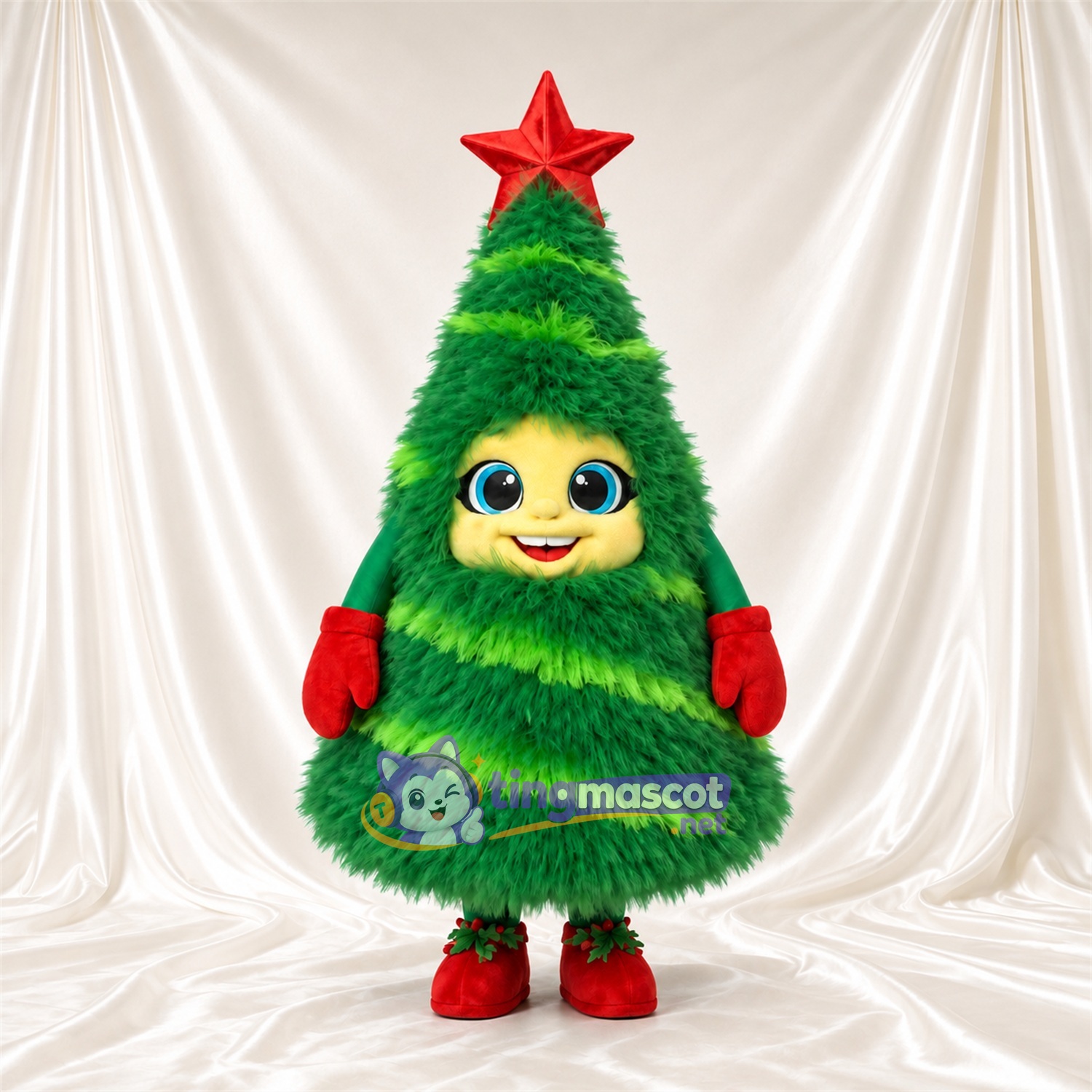 Christmas Tree Mascot Costume - Red Star and Smiling Face Christmas Tree Mascot Costume - Red Star and Smiling Face