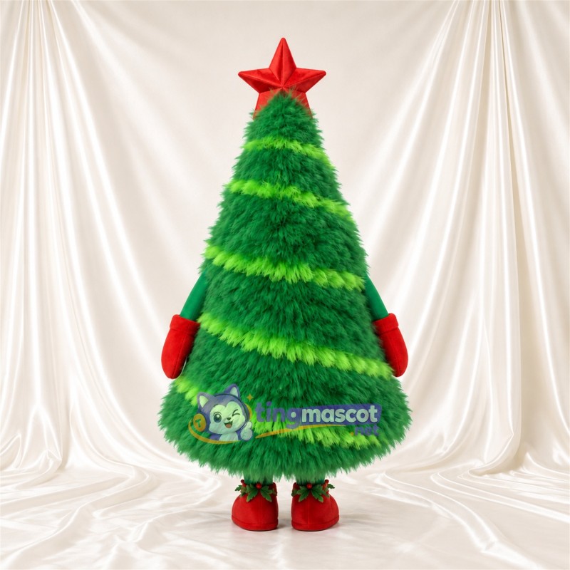 Christmas Tree Mascot Costume - Red Star and Smiling Face Christmas Tree Mascot Costume - Red Star and Smiling Face