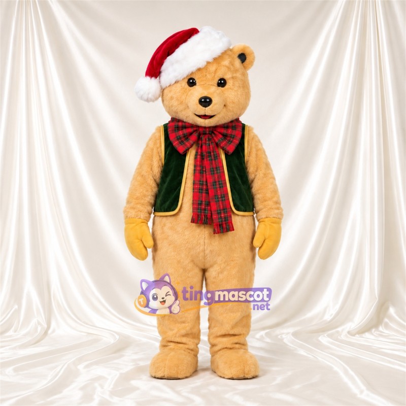Maskottchenkostüm Bär – hellbraun – Weihnachtsmütze; Schal (kariert) Maskottchenkostüm Bär – hellbraun – Weihnachtsmütze; Schal (kariert)