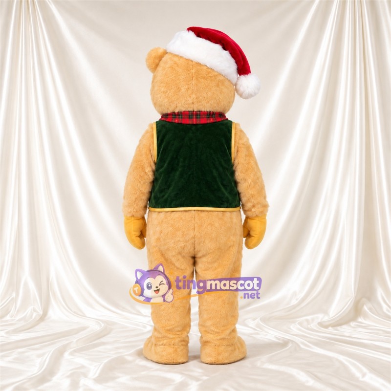 Maskottchenkostüm Bär – hellbraun – Weihnachtsmütze; Schal (kariert) Maskottchenkostüm Bär – hellbraun – Weihnachtsmütze; Schal (kariert)