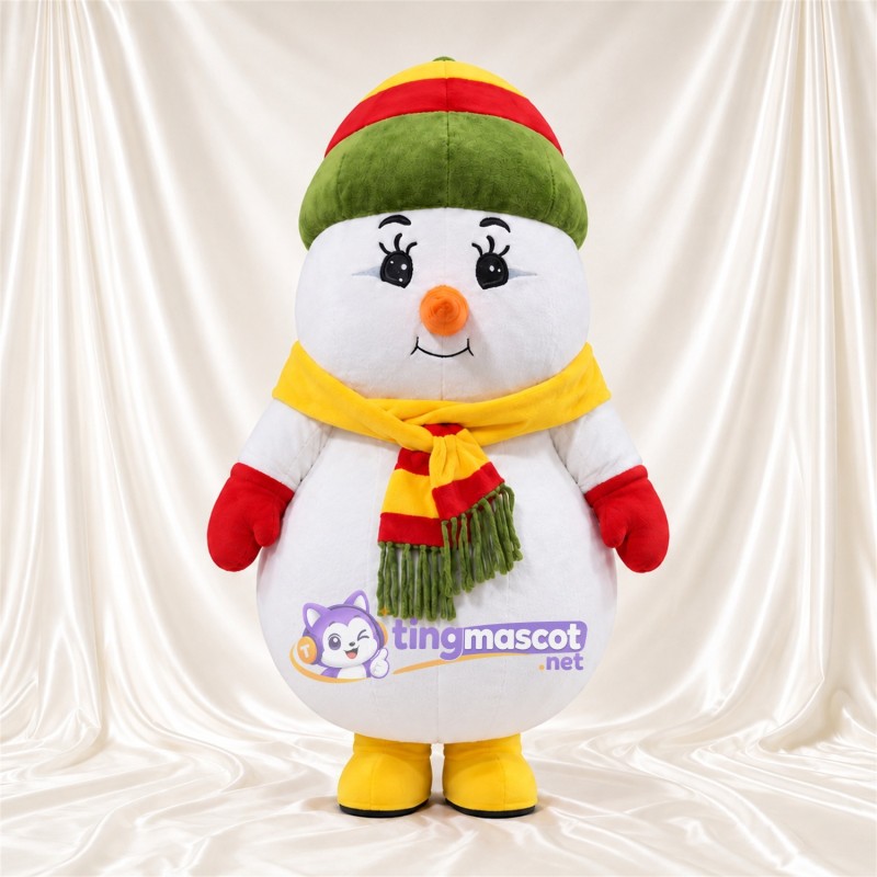 Maskottchenkostüm Schneemann – wie abgebildet – Hut (grün); Schal (bunt) Maskottchenkostüm Schneemann – wie abgebildet – Hut (grün); Schal (bunt)