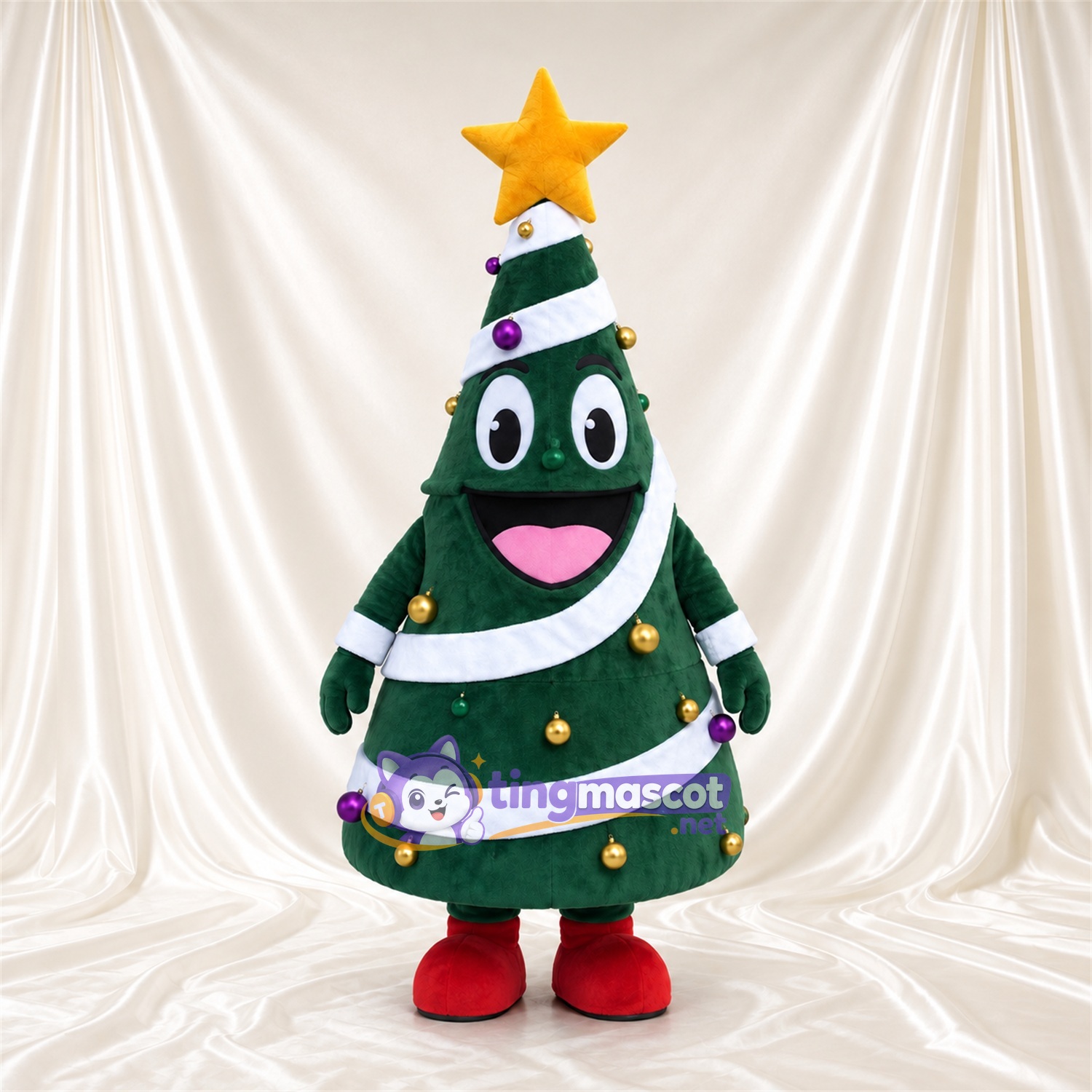 Christmas Tree Mascot Costume - Gold Star and White Garland Christmas Tree Mascot Costume - Gold Star and White Garland