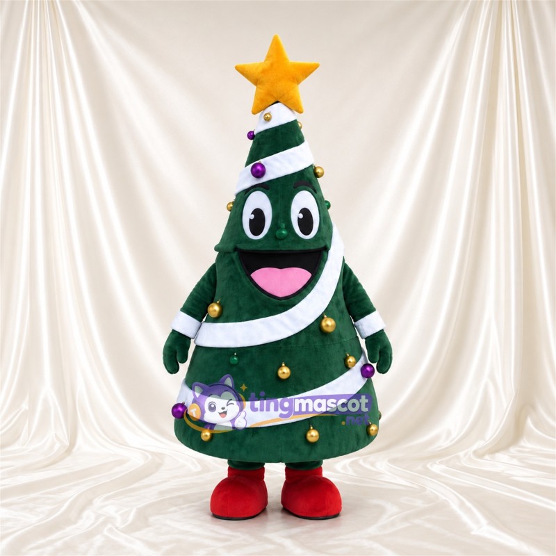Christmas Tree Mascot Costume - Gold Star and White Garland Christmas Tree Mascot Costume - Gold Star and White Garland