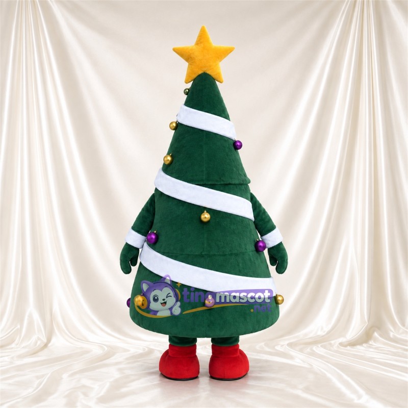 Christmas Tree Mascot Costume - Gold Star and White Garland Christmas Tree Mascot Costume - Gold Star and White Garland