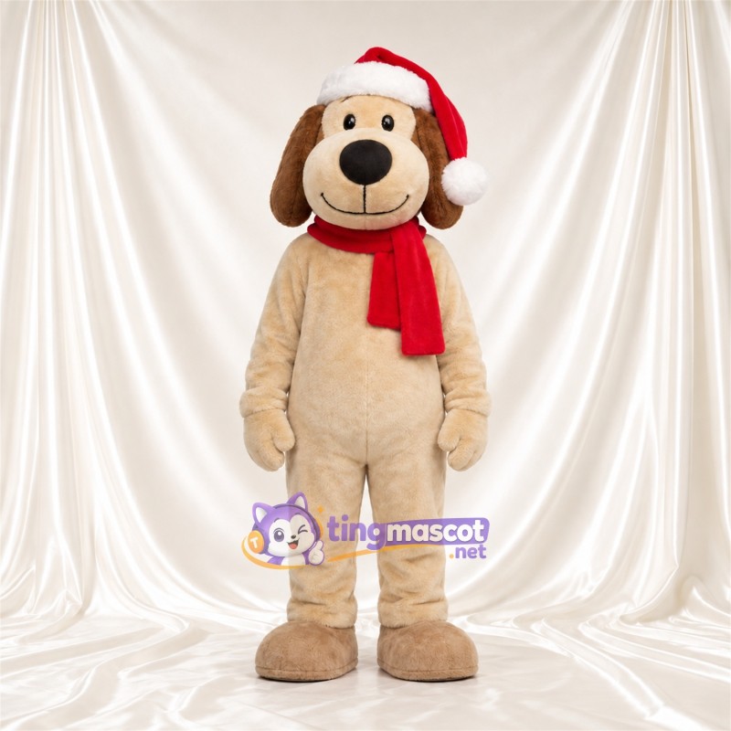 Costume de mascotte Chien – brun clair – Bonnet de Noël; Écharpe (rouge) Costume de mascotte Chien – brun clair – Bonnet de Noël; Écharpe (rouge)