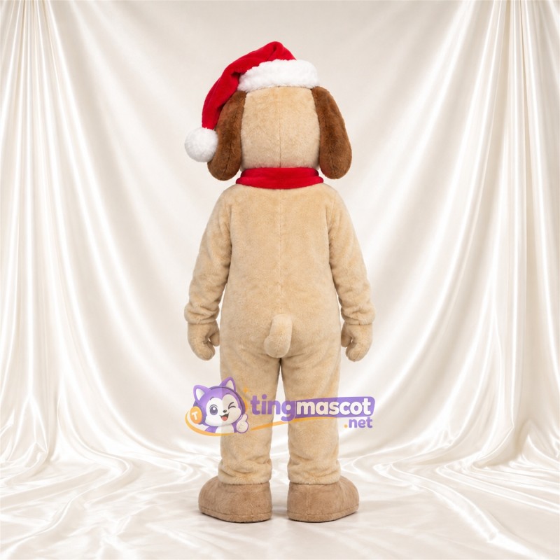 Costume de mascotte Chien – brun clair – Bonnet de Noël; Écharpe (rouge) Costume de mascotte Chien – brun clair – Bonnet de Noël; Écharpe (rouge)