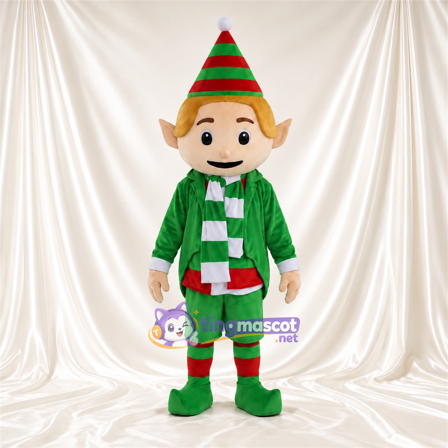 Christmas Elf Mascot Costume - Striped Pointed Hat and Green Suit Christmas Elf Mascot Costume - Striped Pointed Hat and Green Suit