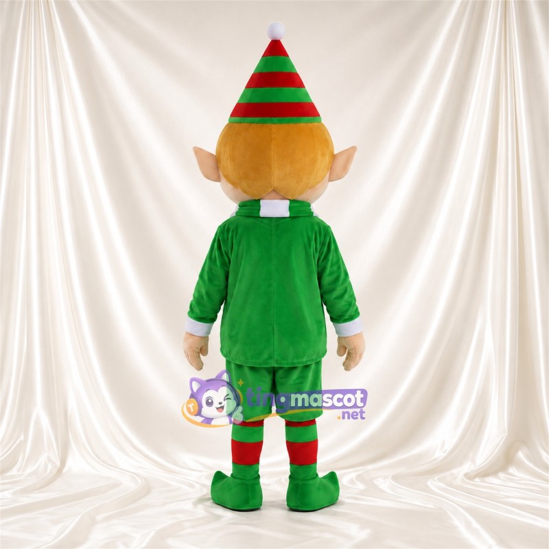 Christmas Elf Mascot Costume - Striped Pointed Hat and Green Suit Christmas Elf Mascot Costume - Striped Pointed Hat and Green Suit