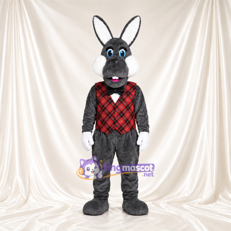 Costume de mascotte Lapin – gris – Gilet (rouge, écossais)