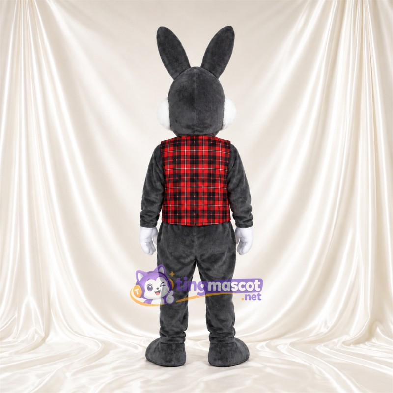 Costume de mascotte Lapin – gris – Gilet (rouge, écossais) Costume de mascotte Lapin – gris – Gilet (rouge, écossais)