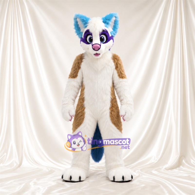 Maskottchenkostüm Fuchs – hellbraun / weiß – Ohren (blau); Gesicht (violett); Farbakzente Maskottchenkostüm Fuchs – hellbraun / weiß – Ohren (blau); Gesicht (violett); Farbakzente