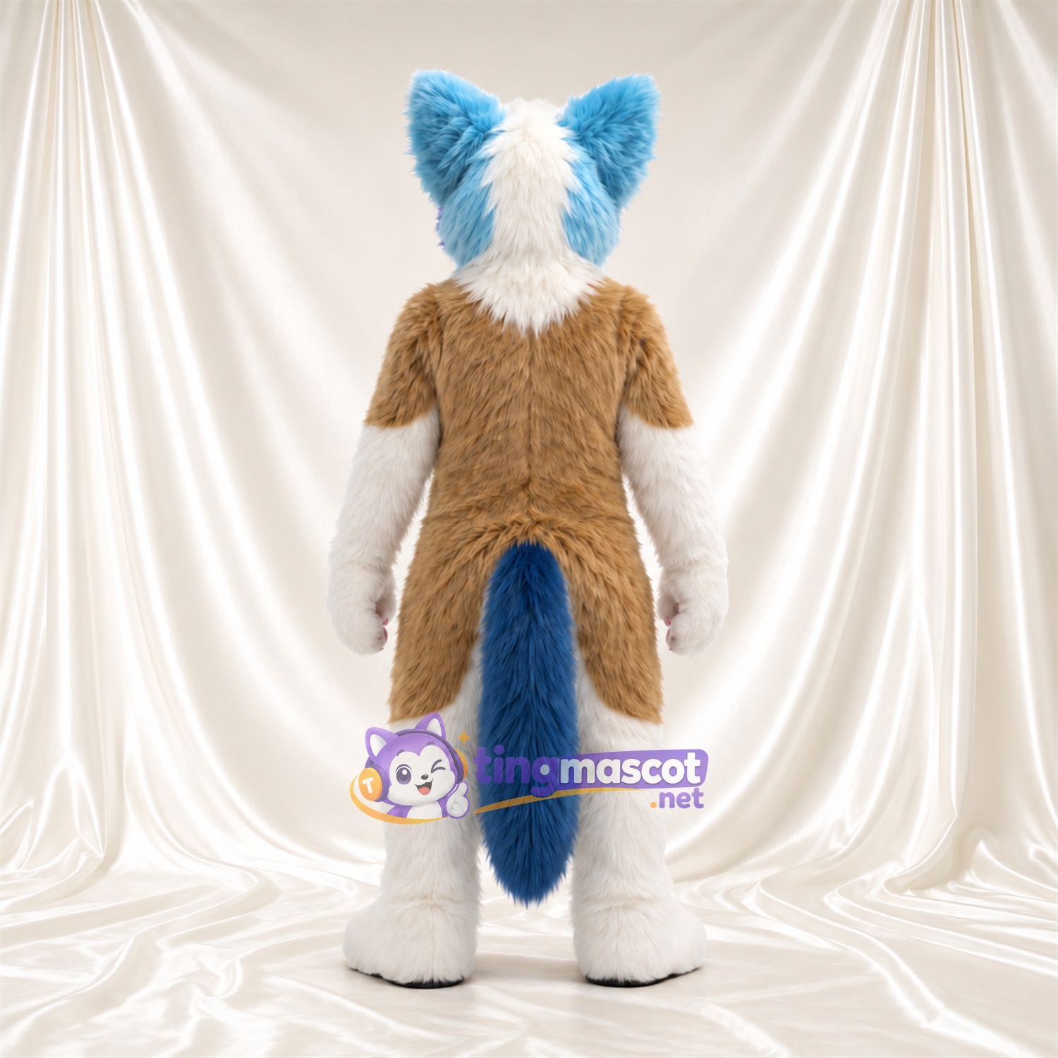 Maskottchenkostüm Fuchs – hellbraun / weiß – Ohren (blau); Gesicht (violett); Farbakzente Maskottchenkostüm Fuchs – hellbraun / weiß – Ohren (blau); Gesicht (violett); Farbakzente