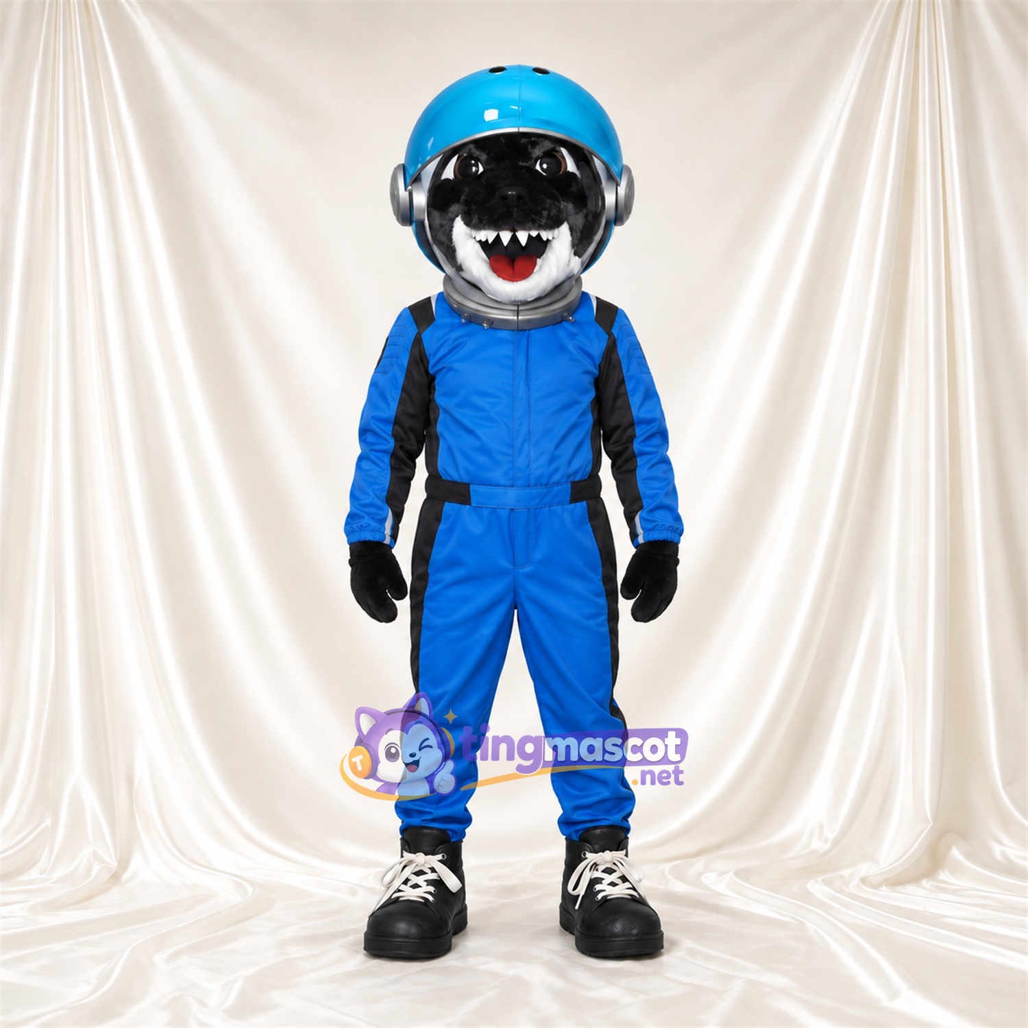 Black Shark Astronaut Mascot Costume - Blue Space Suit and Helmet Black Shark Astronaut Mascot Costume - Blue Space Suit and Helmet