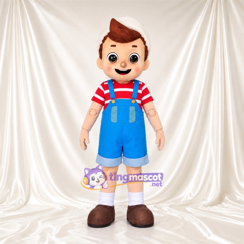 Boy Character Mascot Costume - Blue Short Overalls and Striped Shirt Boy Character Mascot Costume - Blue Short Overalls and Striped Shirt