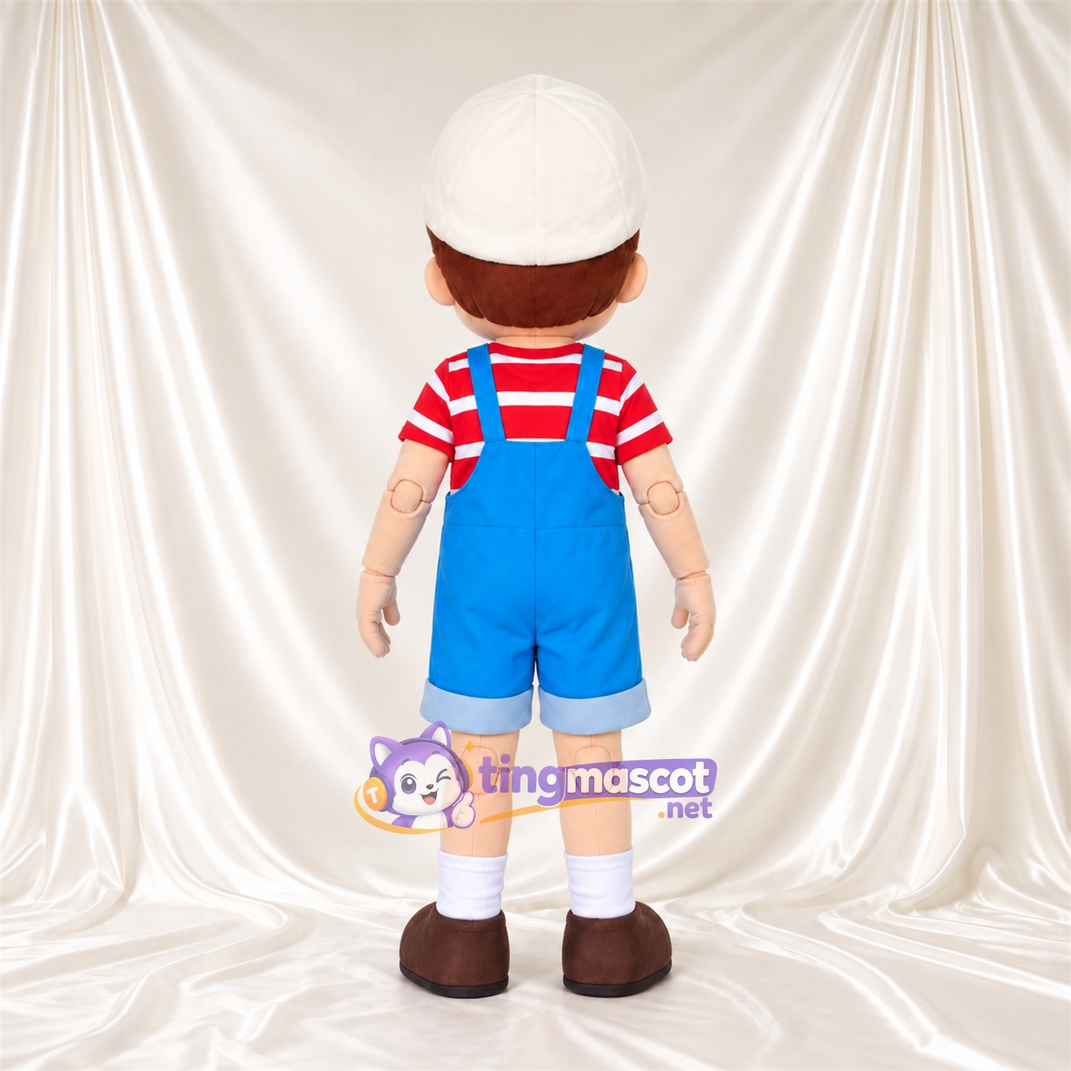 Boy Character Mascot Costume - Blue Short Overalls and Striped Shirt Boy Character Mascot Costume - Blue Short Overalls and Striped Shirt
