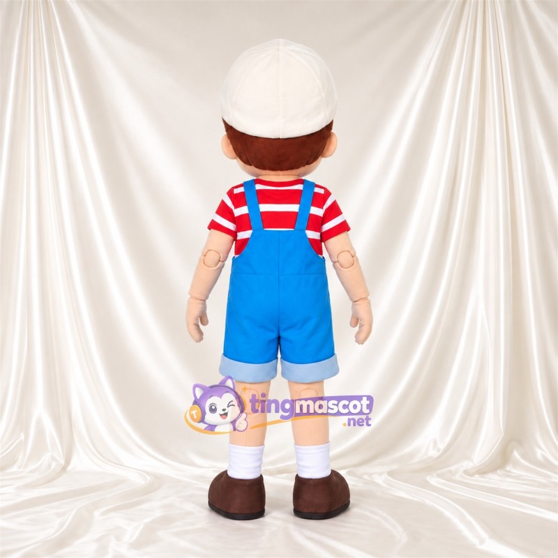 Boy Character Mascot Costume - Blue Short Overalls and Striped Shirt Boy Character Mascot Costume - Blue Short Overalls and Striped Shirt
